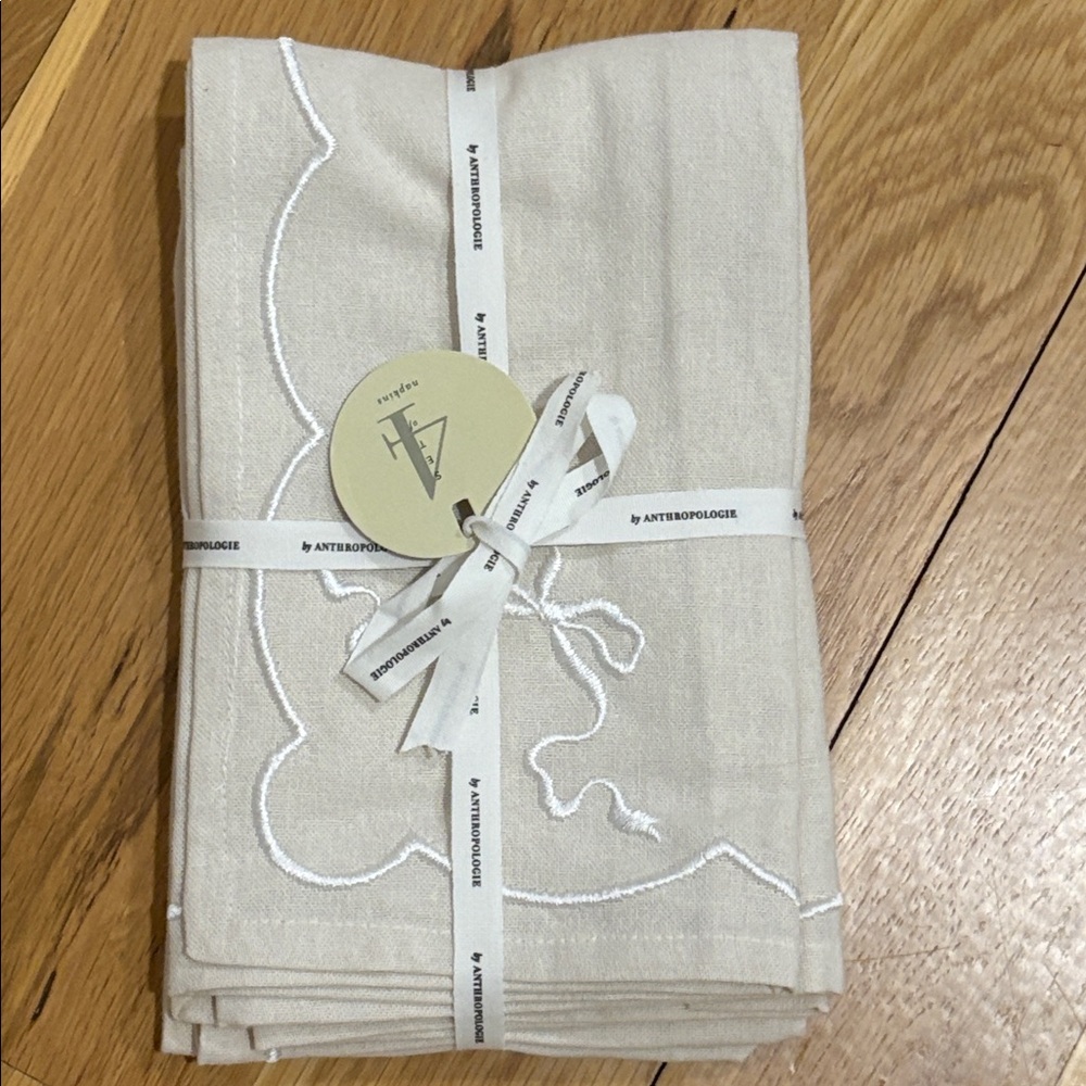 Anthropologie Benedita Bow Cotton Embroidered Napkins, Set of 4
